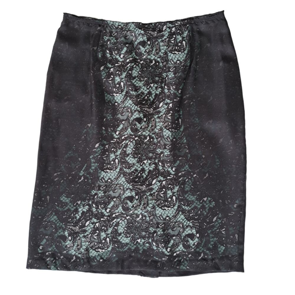 PRADA Silk Pencil Skirt Size 42 US 6  Printed Lace Black Blue Knee Length - Picture 2 of 10